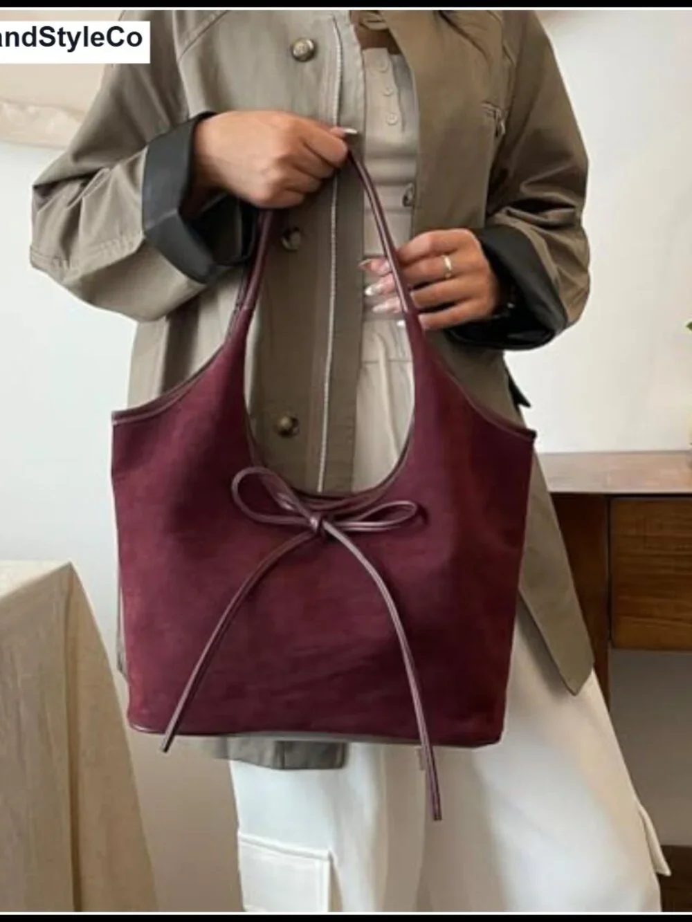 Faux Suede Tote Bag with Bow - Hobo Handbag for Women